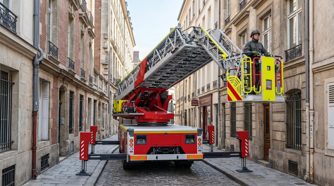 Aerial apparatus extended over an urban street