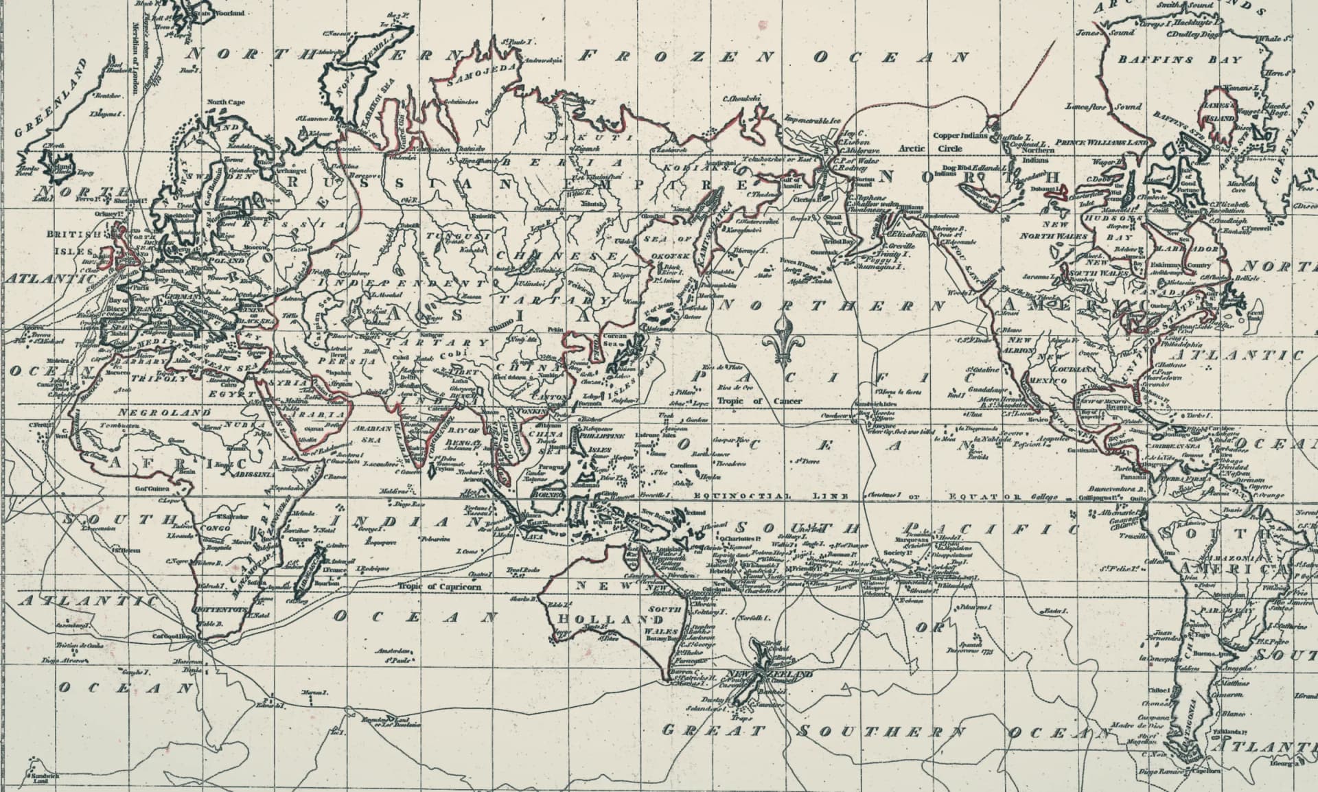 Antique world map from 1799 on Mercator's projection, toned in sand and slate-teal